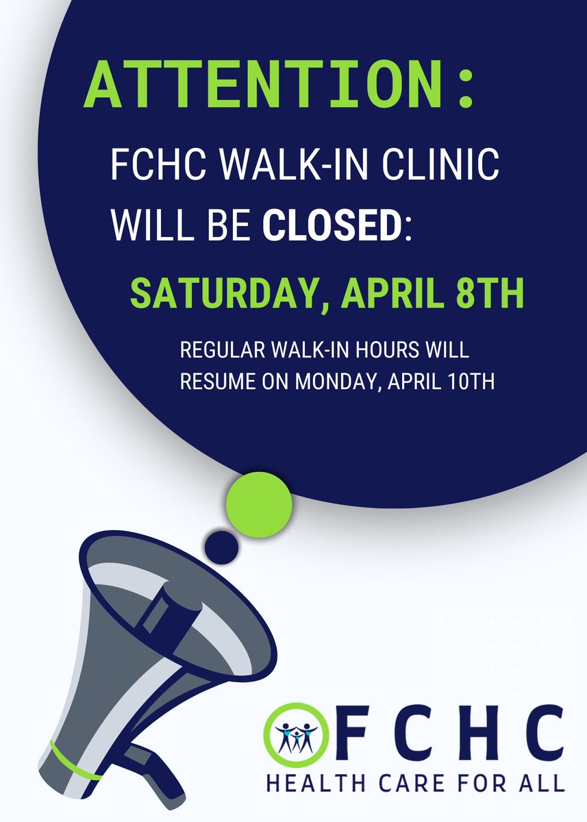 WeAreFCHC's tweet photo. Attention: FCHC walk-in clinic will be closed on Saturday, April 8th. 
We will resume normal walk-in availability on Monday evening. https://t.co/8aSkhgqFhe