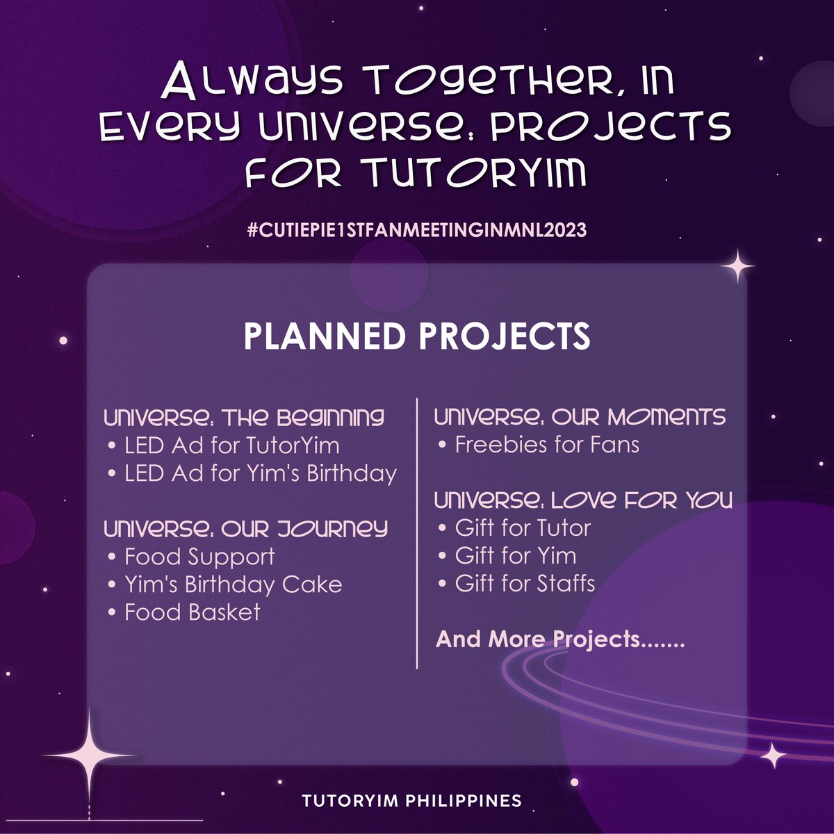 — • Always Together, In Every Universe: Projects for TutorYim [DONATION DRIVE] 🪐

In preparation for the upcoming #CutiePie1stFanmeetinginMNL2023, Our donation drive is now OPEN! All profits earned will be used for our fan projects

#TutorKrp #Mynameis_yim #TutorYim #TutorYimPH