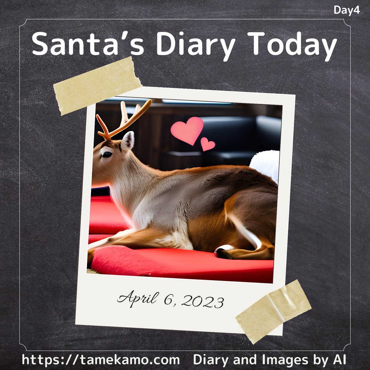 Day 4: I spent today relaxing at the hotel. I swam in the pool and got a massage. The reindeer seemed to have had a good rest.

#texttoimage #AI #chatGPT #SantaDiary #WhereSanta #santanow #SantaTracker #TodaySanta