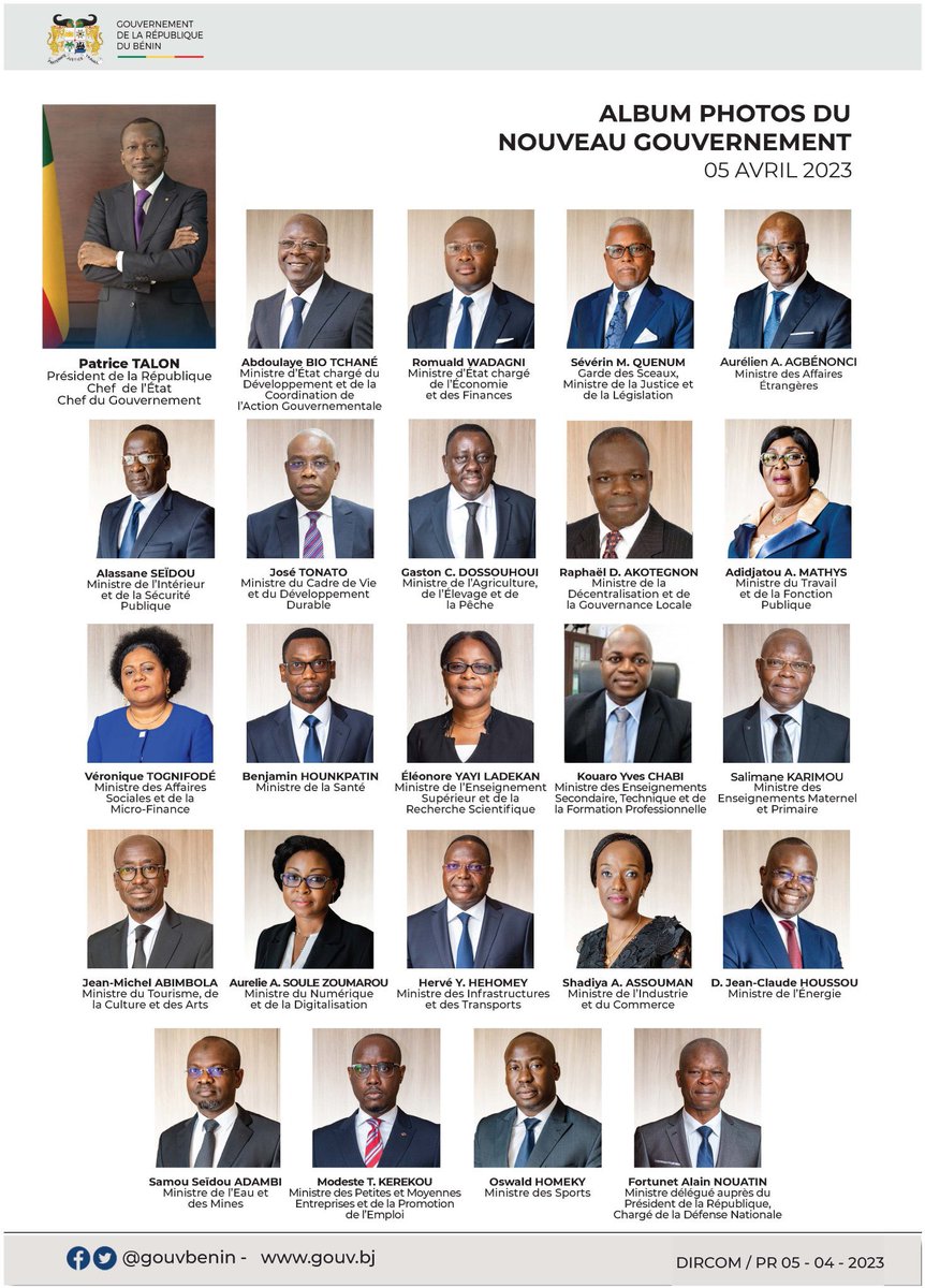 ALBUM PHOTO des membres du <a href="/gouvbenin/">Gouvernement du Bénin 🇧🇯</a> du #Prbenin <a href="/PatriceTalonPR/">Patrice TALON</a> à la suite du réaménagement technique intervenu le mercredi 05 avril 2023.
<a href="/gouvbenin/">Gouvernement du Bénin 🇧🇯</a> <a href="/PresidenceBenin/">Présidence du Bénin</a> <a href="/BeninRetweets/">Bénin Retweets</a>