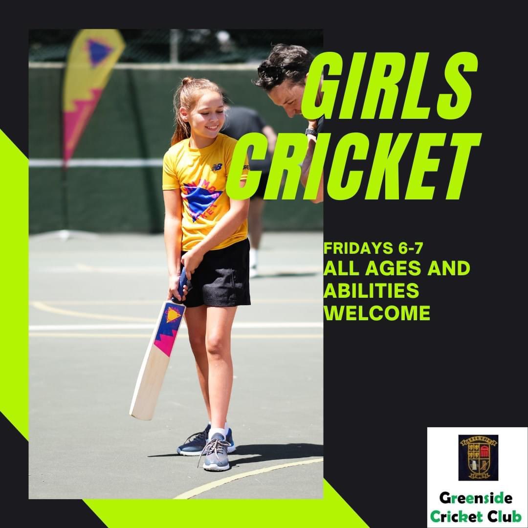 Girls Only cricket is coming to Greenside!

We will be hosting cricket sessions for girls only this summer. These will be for all ages and abilities. We will be starting outside on Friday 14th April from 6pm.

For anymore information, please don't hesitate to get in touch.

⚫️🟢