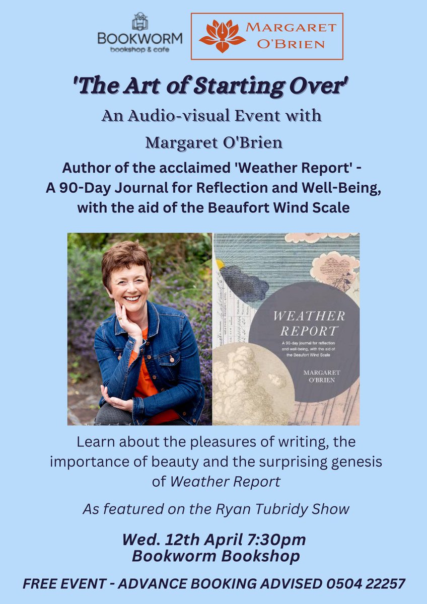 Margaret O'Brien (@margaretwriting) on Twitter photo Thanks to <a href="/BookwormThurles/">Bookworm Bookshop</a> for inviting me to talk about my book, ‘Weather Report’, how it began, what it’s taught me.
If you’re in the area of this fab #indiebookshop come join me on Wed next, 12th April, 7.30pm. The event is free but booking is advised 0504 22257. #Tipperary Thanks to <a href="/BookwormThurles/">Bookworm Bookshop</a> for inviting me to talk about my book, ‘Weather Report’, how it began, what it’s taught me.
If you’re in the area of this fab #indiebookshop come join me on Wed next, 12th April, 7.30pm. The event is free but booking is advised 0504 22257. #Tipperary