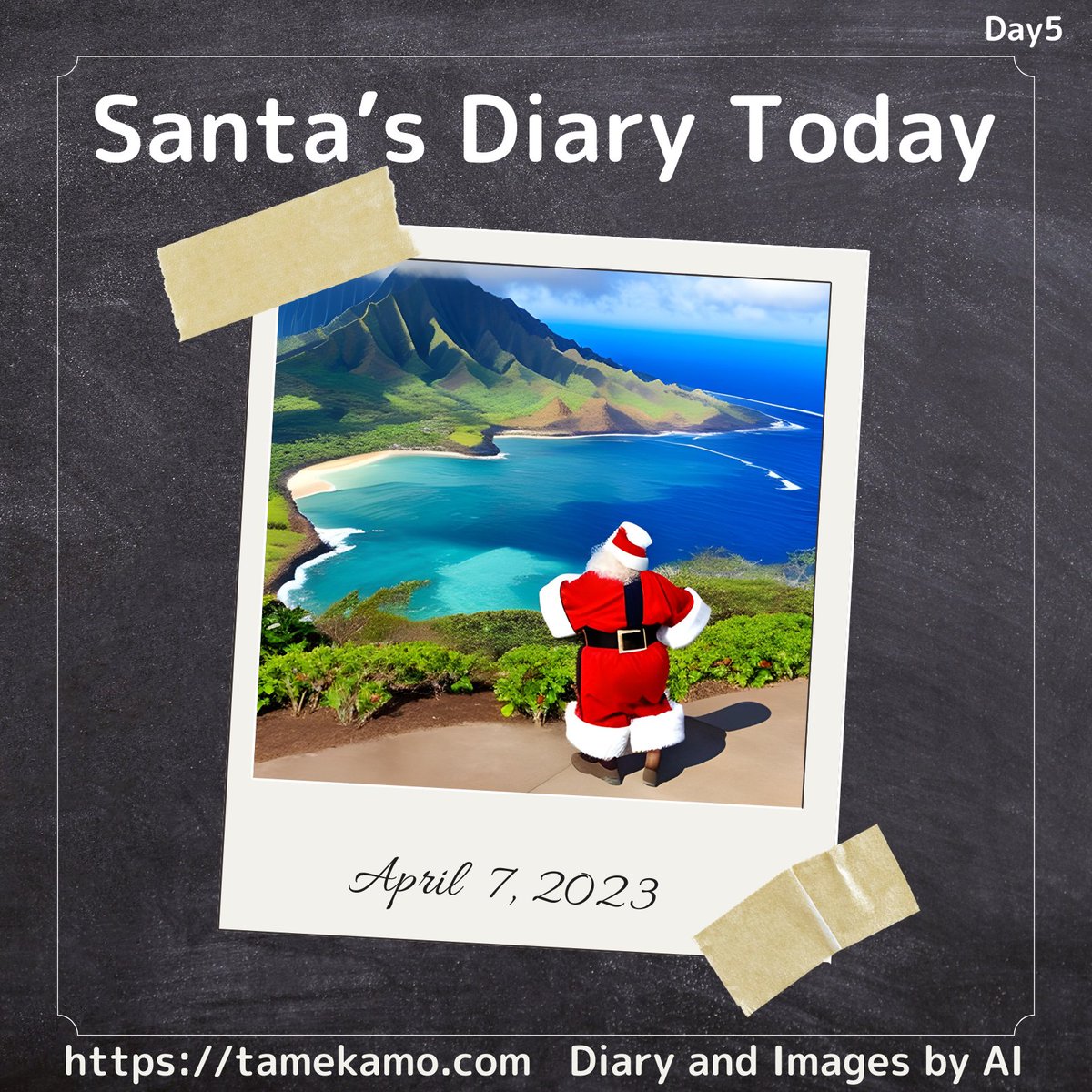 Day 5: Today, the reindeer and I went hiking together. It was a great experience to see mountains and waterfalls and get in touch with nature.

#texttoimage #AI #chatGPT #SantaDiary #WhereSanta #santanow #SantaTracker #TodaySanta