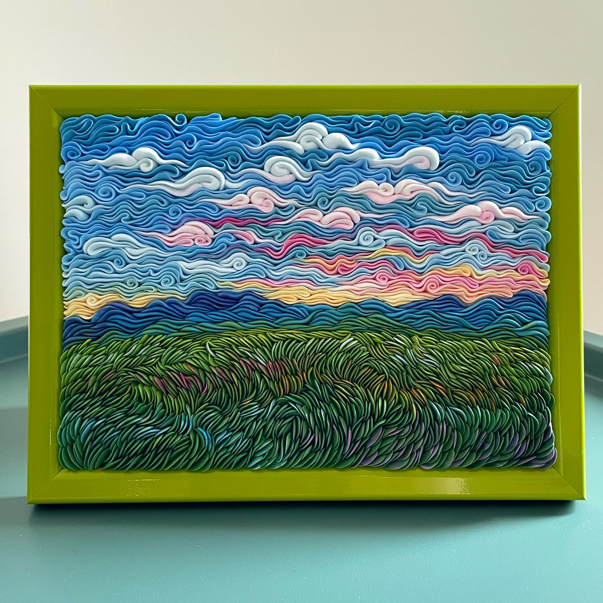 LiskaFlower's tweet photo. Is Nature’s Symphony a good title for this artwork? I’m so bad with titles 
Made from air-dry clay, 13x18 cm 🌿
.
#clayart #claysculpture #polymerclay #art #framedart #airdryclay #clayquilling #liskaflower #contemporaryart #landscapeart #landscapepainting #claypainting https://t.co/nDVnRD8Gsl
