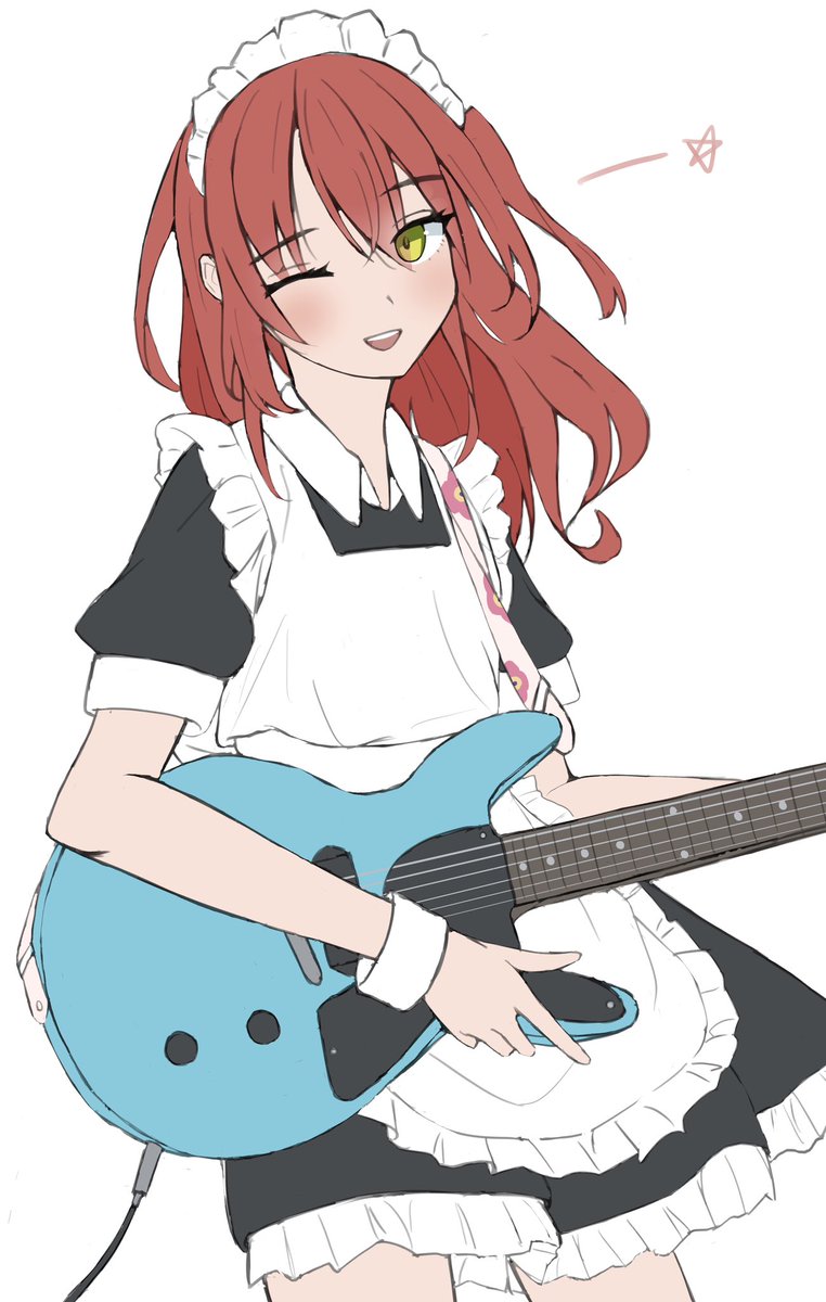 1girl solo instrument one eye closed maid maid headdress red hair  illustration images