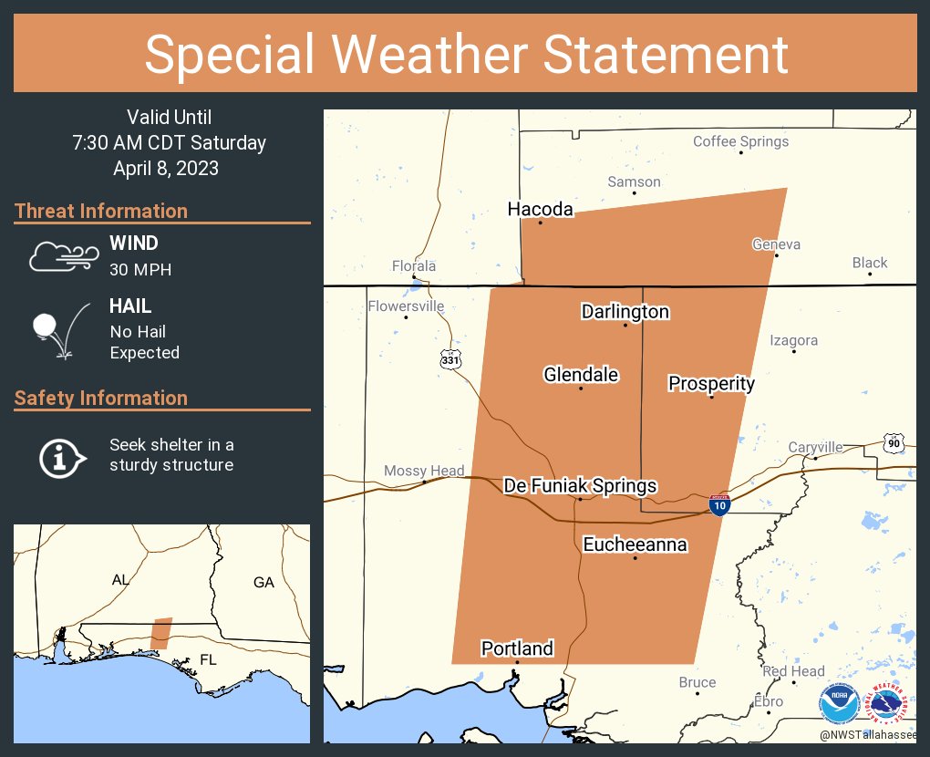 NWSTallahassee's tweet photo. A special weather statement has been issued for De Funiak Springs FL, Ponce de Leon FL and  Hacoda AL until 7:30 AM CDT https://t.co/yZUE1THrT6