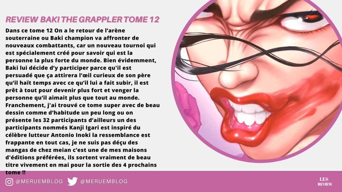 Meruemblog's tweet image. Oups j’ai oublié de publier la review sur Twitter ducoup nouvelle review sur le tome 12 Baki the grappler des éditions @MeianFR 

Vous pouvez aussi retrouver la review sur mon Instagram,mon blog et Babelio,@gleephapp,booknode (lien en bio)