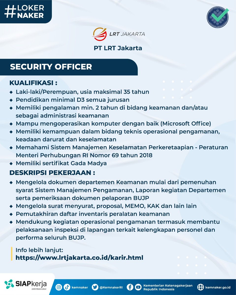 Kementerian Ketenagakerjaan RI on Twitter: "Ayo bekerja di PT LRT