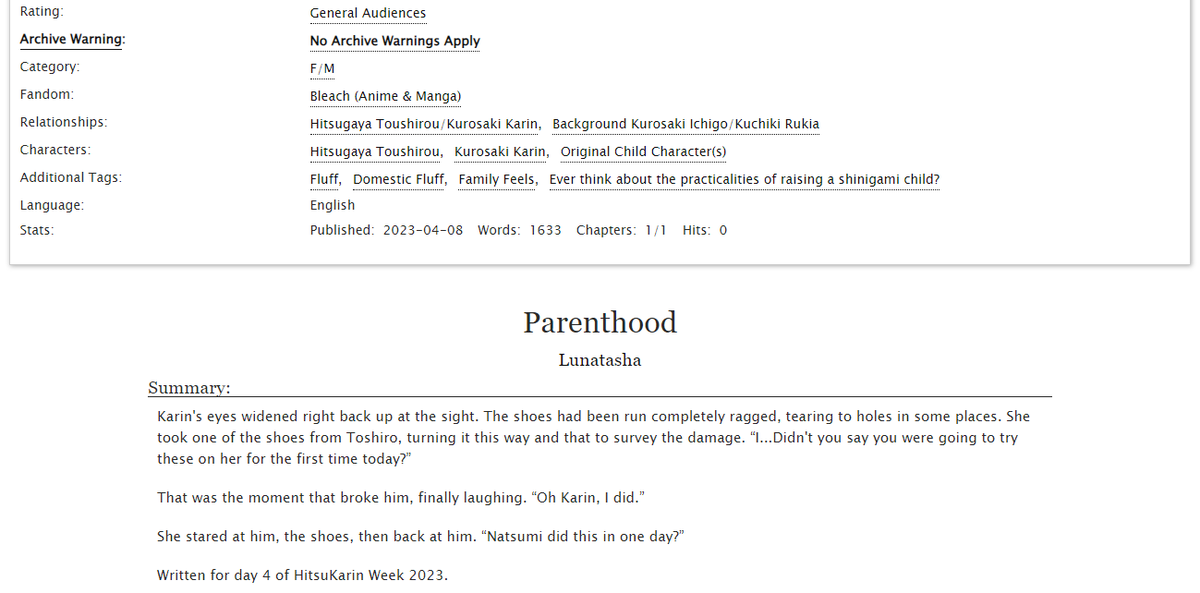 Lunatasha96's tweet photo. Here's my fic for day 4 of #hitsukarinweek!
⭐️Rated General Audiences
⭐️Oneshot, Domestic Fluff, Family Feels, The trials of raising a shinigami child
⭐️Link: https://t.co/x5Bwo12iOb https://t.co/CzraBwste3