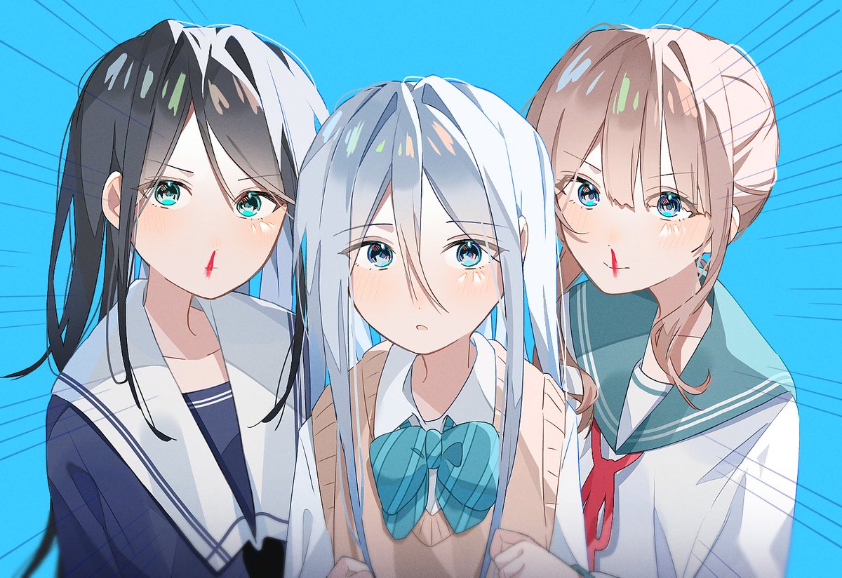 multiple girls 3girls school uniform blue eyes serafuku long hair black hair  illustration images