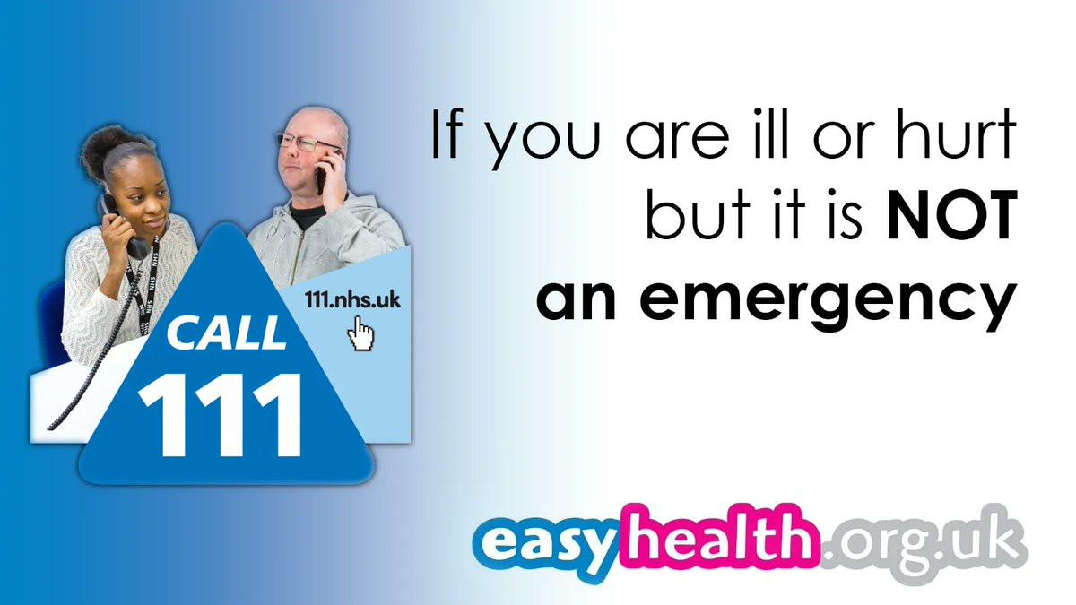 youreasyhealth's tweet photo. If you are ill or hurt & need help fast but it is not an emergency, call 111 or go to https://t.co/6N4H8E72HU for help.
If you need easy read information on what happens during a 111 call, check our website: https://t.co/fVzcMPbw67
or the NHS: https://t.co/CQnNP0iGfT
#call111 https://t.co/wWDOOBeWu3