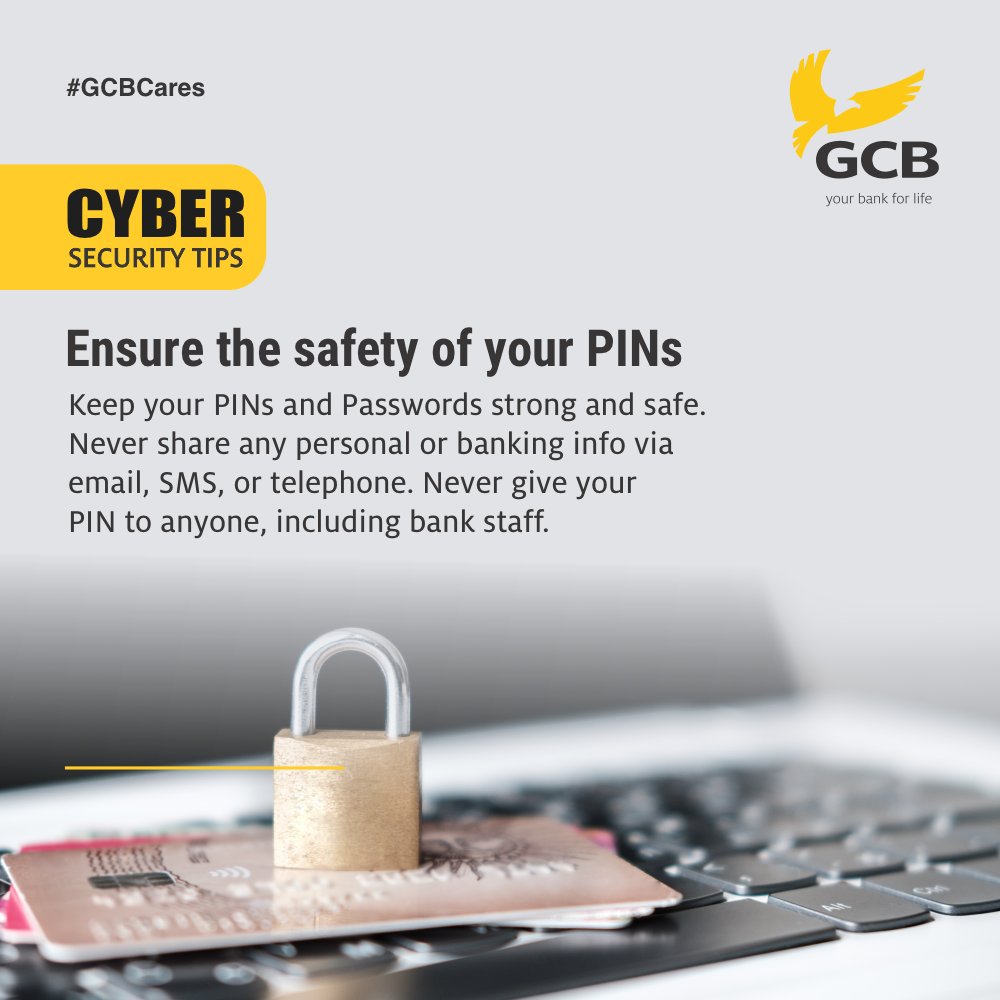 GCBBankPLC's tweet photo. Be sure to keep your PIN and Passwords safe. No Bank staff will contact you to request for your personal or banking information. Be on the alert!
#Tips #CyberSecurity #Banks #GCBCares #IdentityTheft #CustomerSecurity #Security #Tips #GCBCares #GCBBank #YourBank4Life https://t.co/E4Gle5RI4u