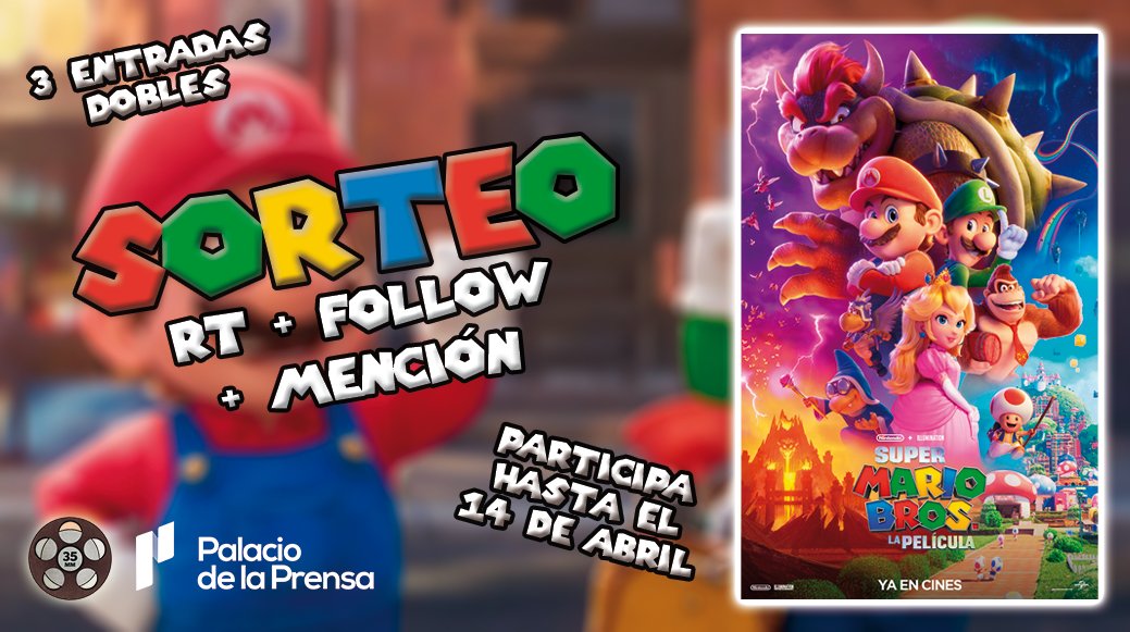 35milimetros_es's tweet photo. 📢 #SORTEO

🎟️ ¡3 ENTRADAS DOBLES para ver #SuperMarioBrosLaPelicula en #Madrid!

➡ RT + FOLLOW + MENCIÓN a un amigo

⌛ Fin: 14/4 a las 10:00  

👍🏻 Síguenos: @palacioprensa  y @35milimetros_es

🍀 ¡Mucha suerte!

🍄 Mas info: https://t.co/KYnEh6gqnR https://t.co/DGoy4kFAvq