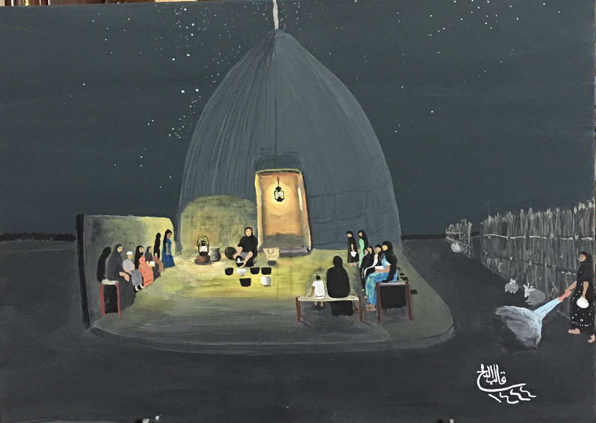 لوحتى الجديدة: بائعة اللبن ، وهو من الموروث القديم واللبن هنا حليب النوق الابل الذي تمد به القرية طيلة شهر رمضان المبارك حيث الوجبة الرئيسية لكل الاسر في السحور  هي حيسية ثريث مغيلة بالسمن وتقوم بائعة اللبن بكيل حب الذرة في مدهن  كيلةحب بكيلتين حليب واكثر الزبائن نساء واطفال.