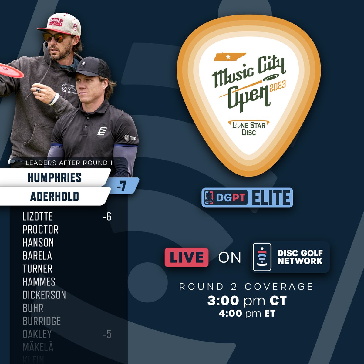 DiscGolfProTour's tweet photo. It’s Moving Day here in Nashville! 🎸
Here are your leaders after Round 1! Catch all the action today on Disc Golf Network 🥏 https://t.co/cNXw8NMuAw