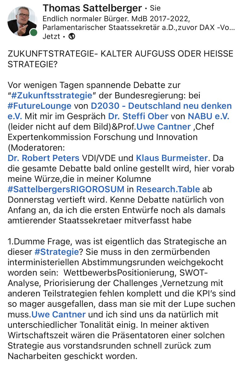 th_sattelberger's tweet photo. ZUKUNFTSTRATEGIE- KALTER AUFGUSS ODER HEISSE STRATEGIE?
Juengst spannende Debatte zur#Zukunftsstrategie der Bundesregierung:#FutureLounge von @D2030 . Mit dabei @steffi_ober ,@NABU_de (leider nicht auf Bild)& Prof.Uwe Cantner ,Chef Expertenkommission Forschung und Innovation https://t.co/rcd5neHNaM