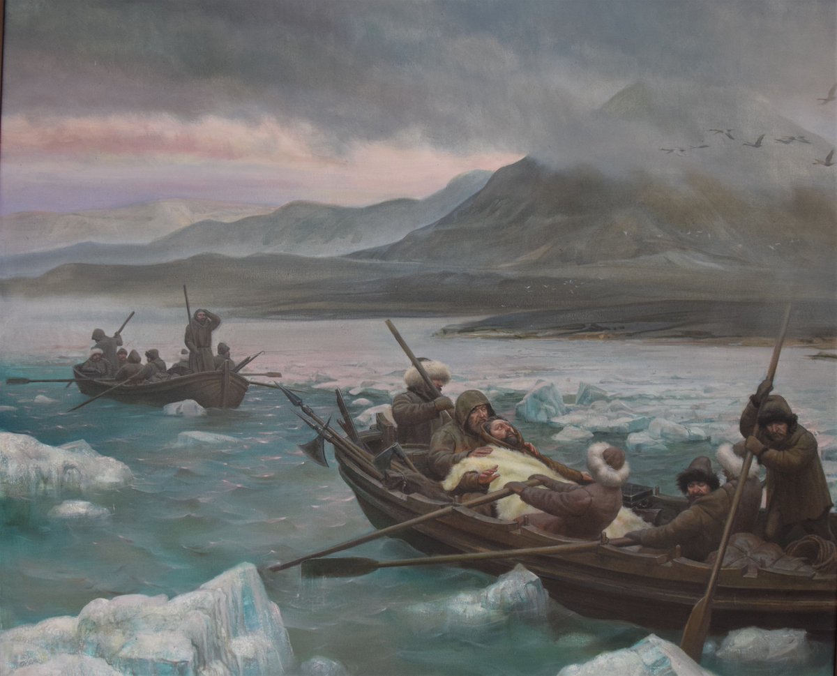 De dood van Willem Barents, Georgy Kichigin 1997.
Het schilderij verbeeldt het terugbrengen van de geest of ziel van Barents door de brandganzen van Nova Zembla naar zijn geboorte-eiland Terschelling. Particulier bezit, nu te zien in onze tentoonstelling Willem Barents.