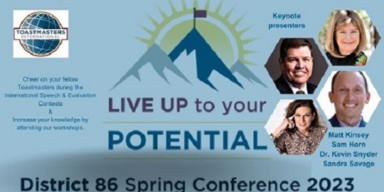 Join us for our D86 Spring #conference with 4 amazing  keynote #speakers, informative workshops and #worldclass presenters in our International Speech &amp; Evaluation contest. #toastmasters #communication skills #confidence