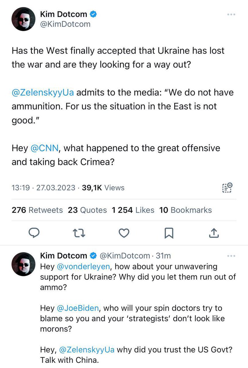 alexcostincom's tweet photo. Kim Dotcom embraces Ukraine defeat due to the loss of promised ammunition.

There will be no great offensive that will take back Crimea from Russia! https://t.co/cjcfKsFj54