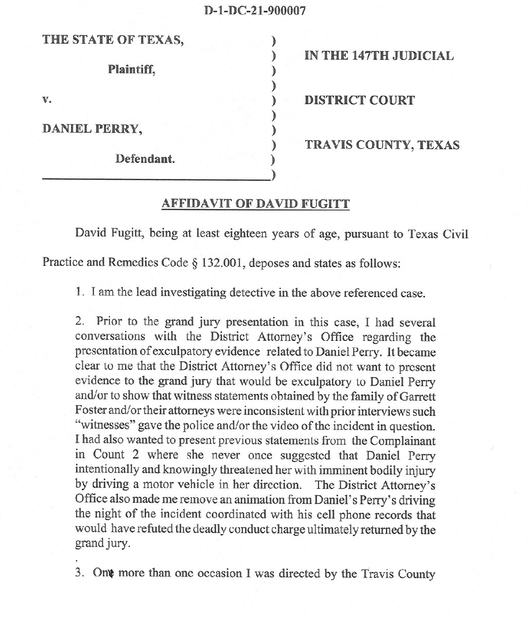 MarinaMedvin's tweet photo. Daniel Perry case -- read the affidavit from the lead detective, claiming that the Soros DA directed him "to remove exculpatory information that I had intended to present to the grand jury during my testimony."

This detective believes the Soros DA acted criminally. https://t.co/3iDhWUZLkh