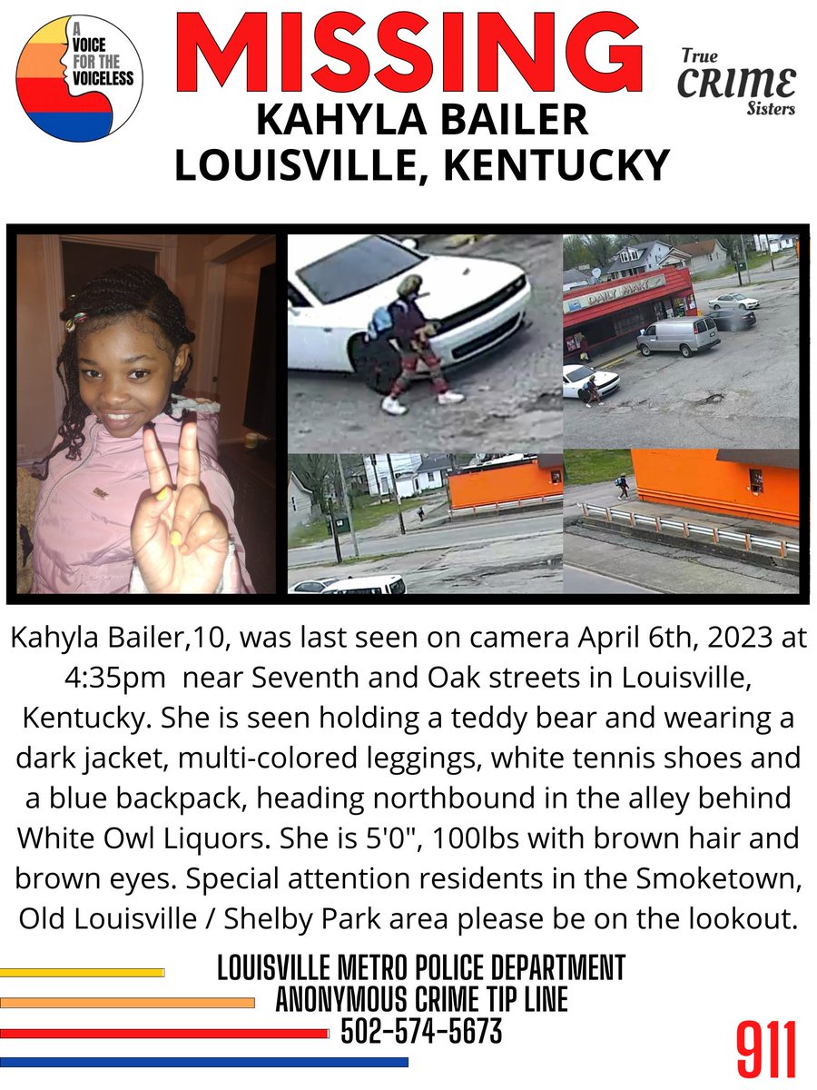 AwarenessTCS's tweet image. PLEASE!! It only takes one second to share this #missingchild.

#KahylaBailer ,10, was last seen on camera April 6th, 2023 at 4:35pm near Seventh and Oak streets in #Louisville, #Kentucky.