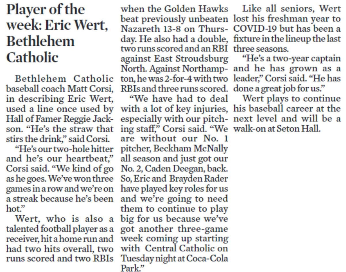 BCDiamondHawks's tweet image. @ericwert Morning Call Player of the Week 💪🏼