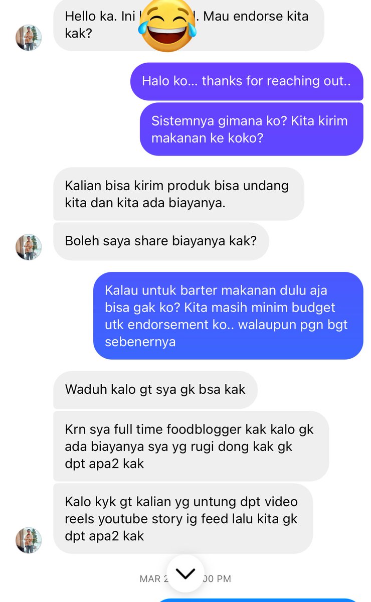 bgenx's tweet photo. @vaniaoctaviaa @askDika Hahaha kayanya tau ne siapa. Hampir pasti the same person. Kalimatnya sama “kalian yg untung”, “fulltime blogger”. Padahal dia yg contact duluan nawarin endorse (which is nothing wrong with that as long we both get mutual deal). Waktu itu bingung sih kok attitudenya begini 😅 https://t.co/MMo5klxztP