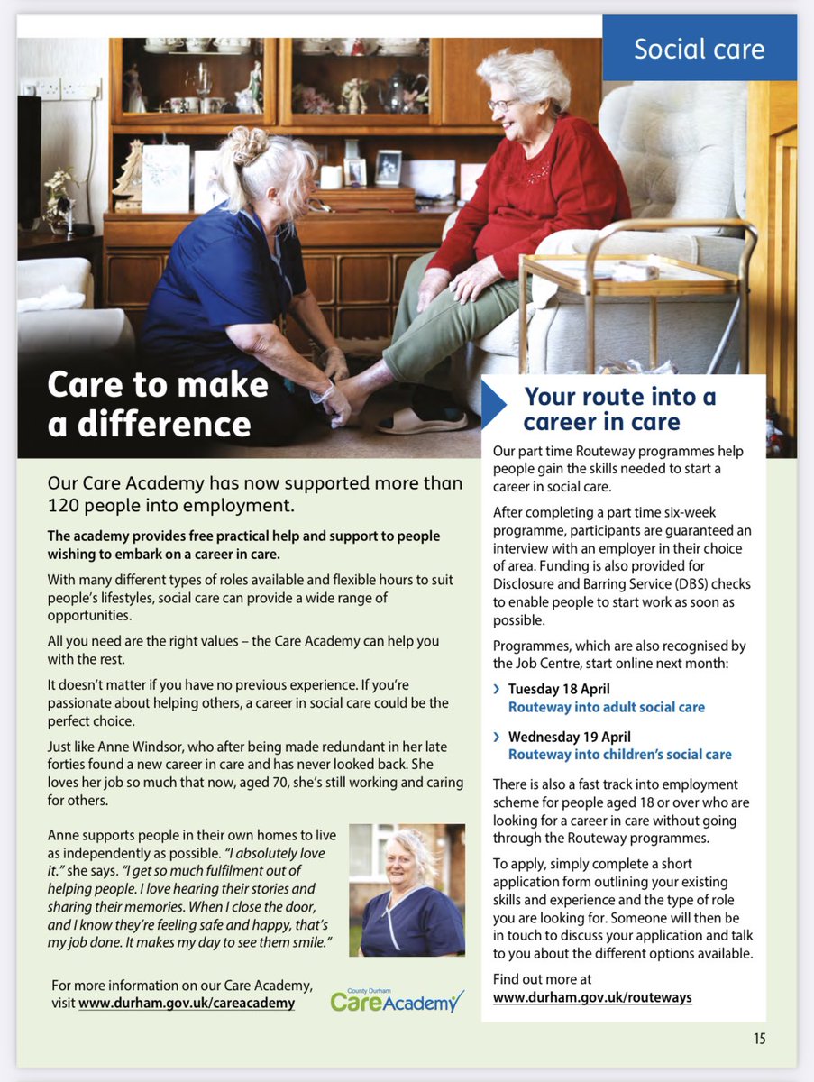 Another great edition of Durham County News and an inspiring article about our local care worker Anne, aged 70. If you would like to start a career in care please have a look. #CareersInSocialCare #Durham