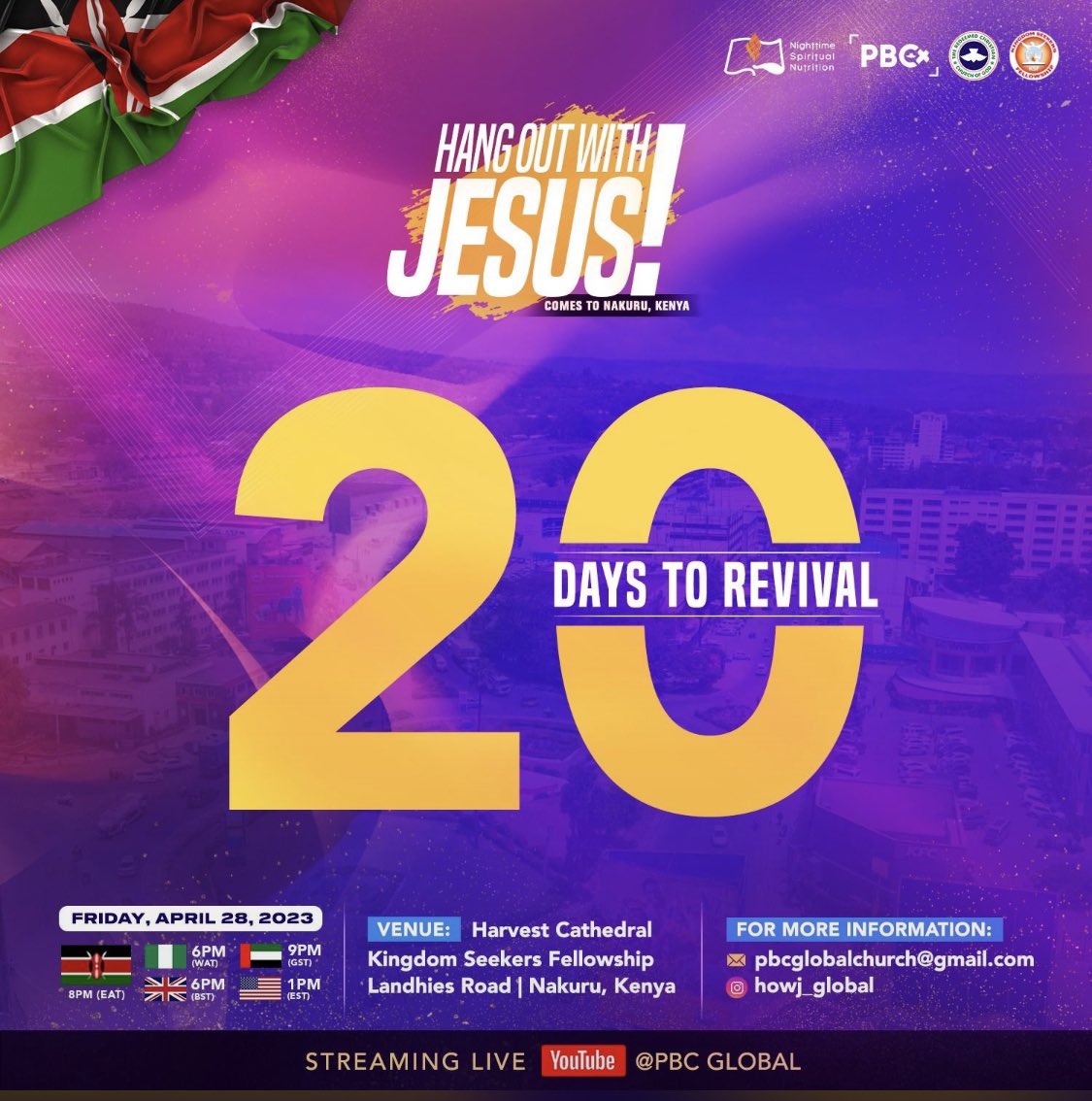 pbc_global's tweet photo. 20 days to Revival!
#HOWJKenya #HOWJGlobal #Kenya #YearofRighteousBoldness #NSNGlobal #PBCGlobal #RCCG #onlineservice #GlobalChurch https://t.co/92DtD8Qh3e