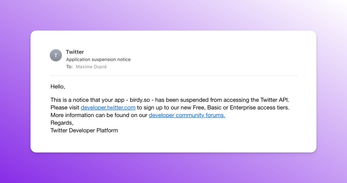 maximehugodupre's tweet photo. This is it. @birdy_so got the final suspension.

Birdy will not be able to afford the $42K/m Twitter API plan, nor will it be able to function properly on the $100/m. Therefore, it is shutting down 😔

I have spent so much time making this project the best I could. So much love poured into it. I was getting very close to my ultimate dream of ramen profitability with my own software. Sacrificed some things to make it happen.

The worst part of it all is that I felt like I was working on something special. Birdy was starting to get many raving superfans. Some people REALLY loved the product 😊 It feels bad to let them down. 

Much love to every single person that has supported Birdy over the last 9 months 💜

It's not all doom and gloom, though. I have learned so much over those 9 months. I'm a better indie hacker because of it. I'm ready for my next project. Ready to experiment. To build. And fail. And build again.

DO. NOT. QUIT.
