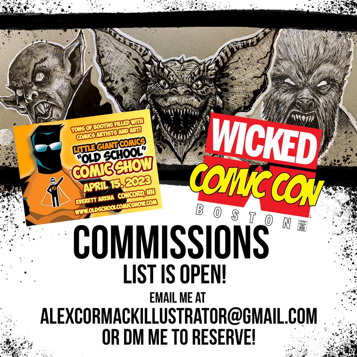 Hey everybody! Two of the best shows in New England are coming up and I’ll be at both! 
Spots for commissions are limited so if you’d like something let me know asap! 

@wickedcomiccon @littlegiantcomics