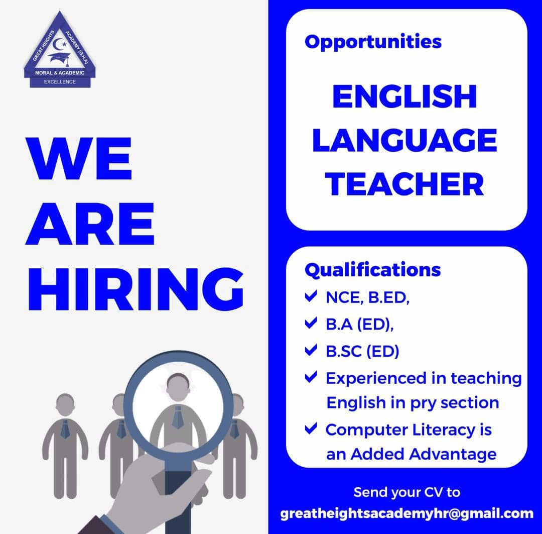 gha_abuja's tweet photo. We are Hiring! 💥💥💥

English Language Teacher ✍️

Qualifications: NCE, B. ED, B.A (ED)
Experienced in teaching English in primary section.
Computer Literacy is an added advantage.

Send your CV to: greatheightsacademyhr@gmail.com

#gha #jobvacancies #teachingvacanciesinabuja https://t.co/Lp7SMdgCjA
