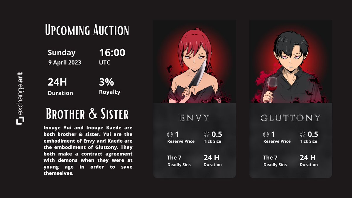 [RENGOKU: Immortal Sins]

// Upcoming Auction //

RENGOKU #4 - Envy &amp; RENGOKU #5 - Gluttony

Reserve Price: ◎1
Tick Size: ◎0.5
09.04.23 // 16:00 UTC

// Only available <a href="/exchgART/">Exchange Art</a> //

<a href="/hey_wallet/">Hey Wallet!</a> send 5000 $BONK to the first 200 retweets and comments

Auction Link Down Below 🔻