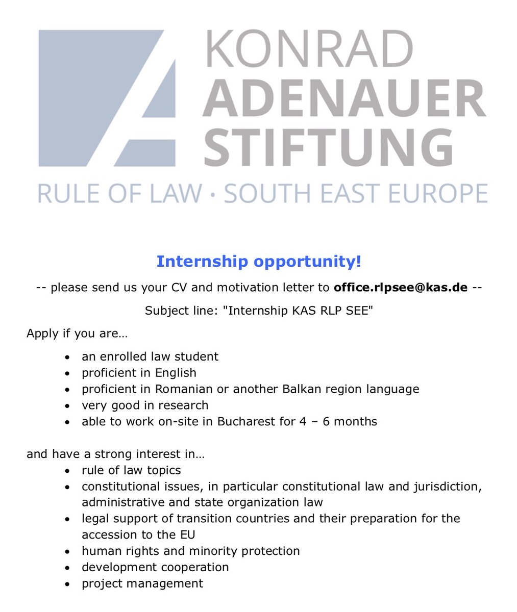 #Internship opportunity at the Rule of Law Programme South East Europe of the Konrad-Adenauer-Stiftung <a href="/KASonline/">Adenauer-Stiftung</a>

#ruleoflaw #humanrights #europe