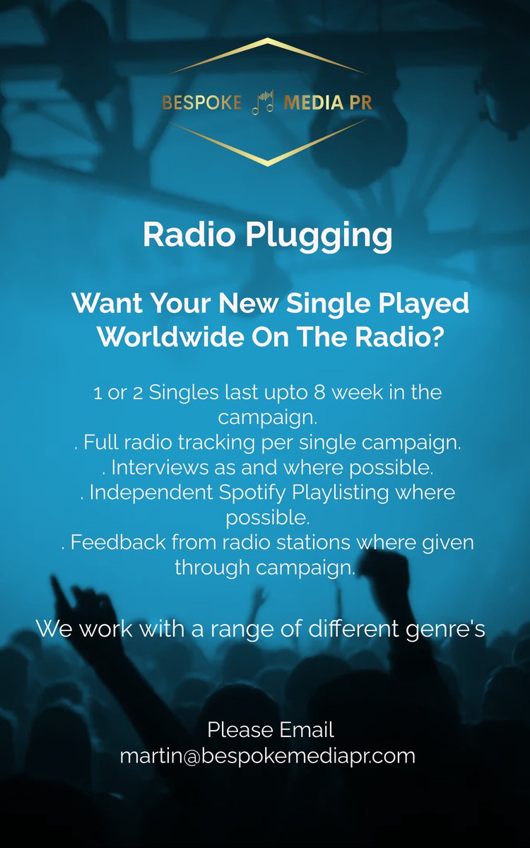 bespoke_pr's tweet photo. What Your music played across radio stations worldwide?

Email martin@bespokemediapr.com 

#music #singles #single #radio #radioairplay #airplay #musiconradio #pr #radioplugging #radiopr #publicrelations #publicist #radiocampainges https://t.co/pCdFrs6sow