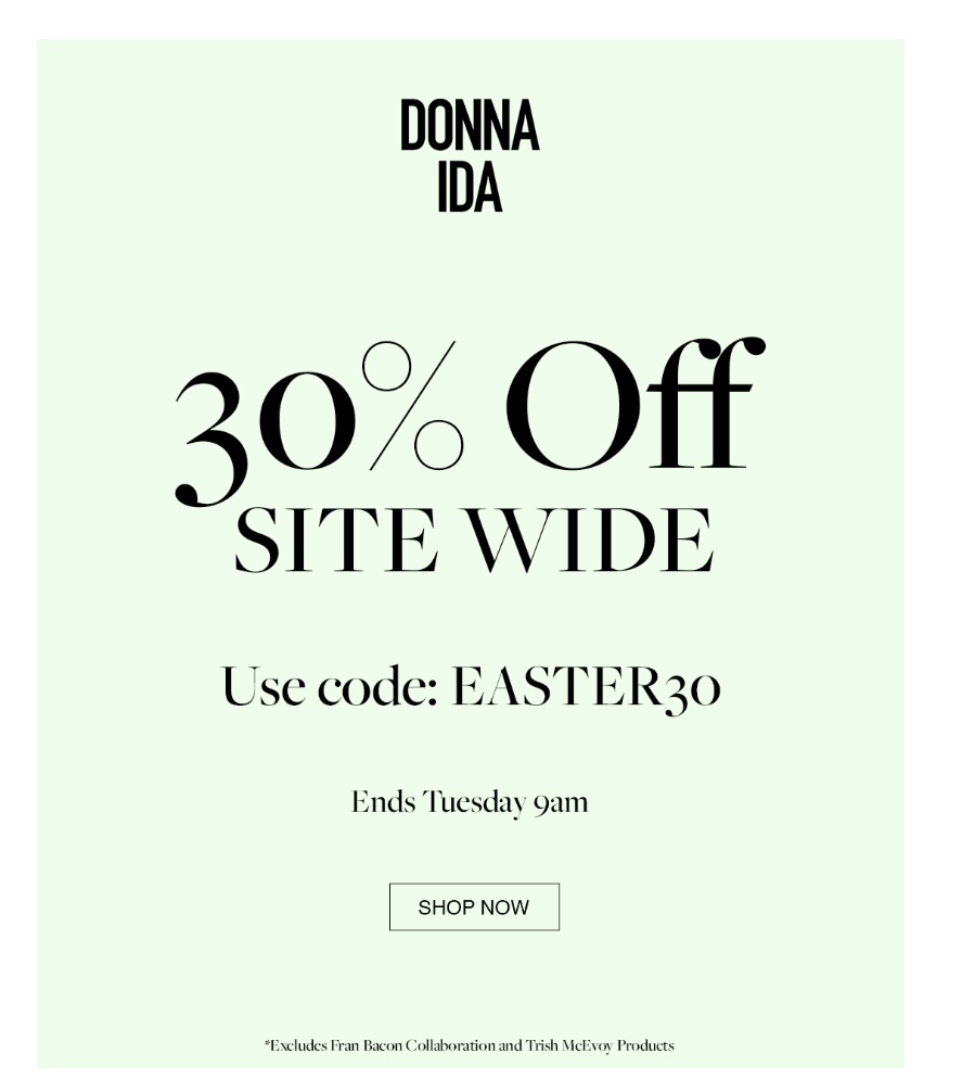 Easter treats with 30% off site wide with code EASTER30. Ends Tuesday 9am. 🐰Shop now - donnaida.com