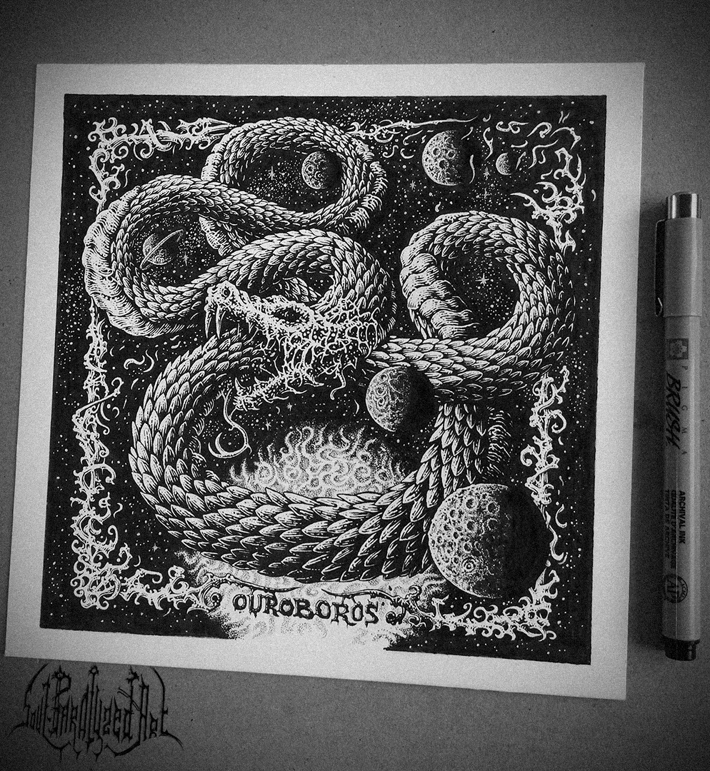 Here is the Ouroboros I drew for black metal band Rebis

#darkart #inkdrawing #albumcoverart