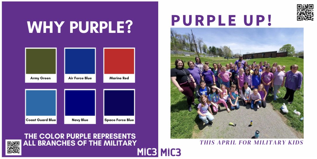 Purple represents the joint service operations and is a combination of Army Green, Air Force Blue, Space Force Blue, Coast Guard Blue, Marine Red, and Navy Blue; it is the appropriate color to represent military children from all branches. #purpleup4militarykids #MIC3Compact