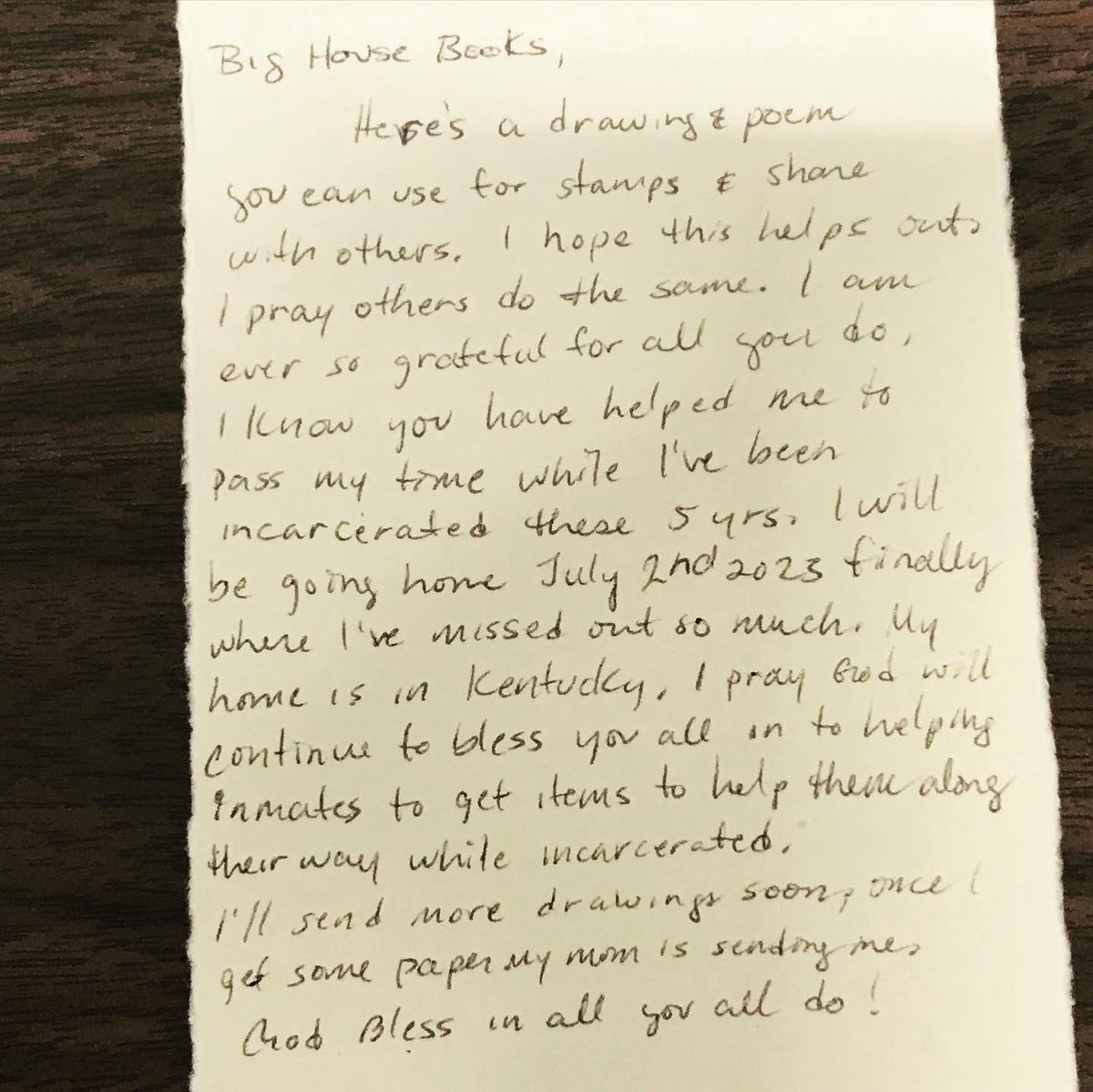 Beautiful artwork and letter from one of our patrons at Delta Correctional Facility.