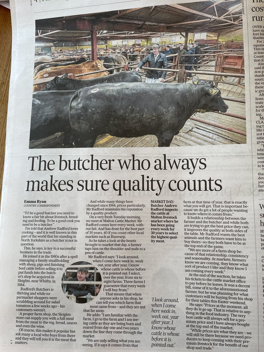 Great article in today’s @yorkshirepost about this butcher who goes to #maltonlivestockmarket every week and chooses his meat 👌 why do we not hear more or celebrate this in the food capital of the North? @visitmalton #farming #food #sustainableliving #supportlocal @emmaloisryan