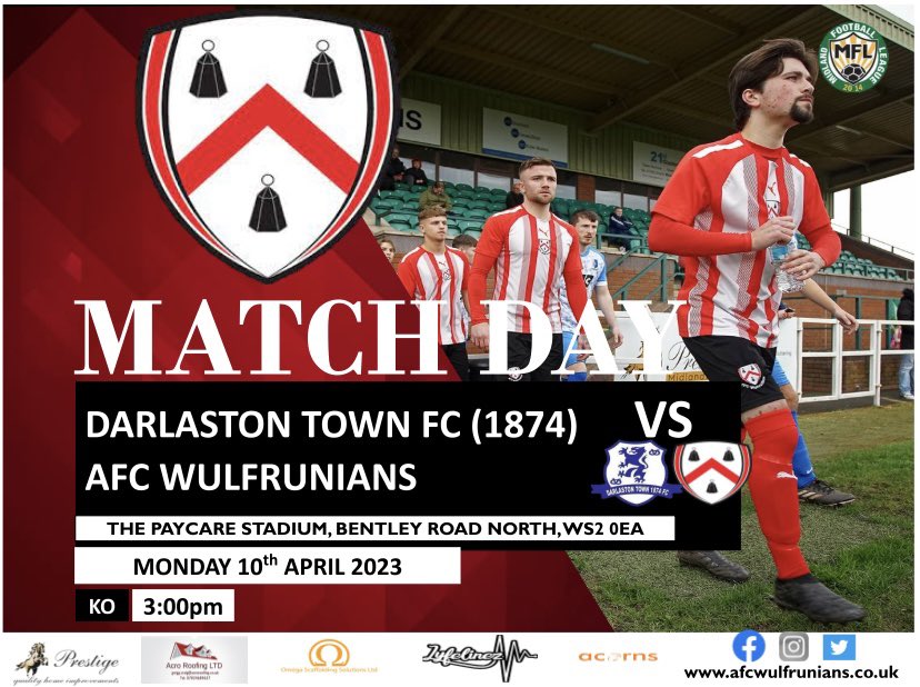 🔴 Coming Up ⚫️ This Bank Holiday we travel the short trip to high flying @DarloTown1874FC 🗓️ Monday 10th April 2023 ⏱️ 3:00PM KO 🏟️ The Paycare Stadium WS2 0EA Please come down and support the boys #upthewulfs⚽️