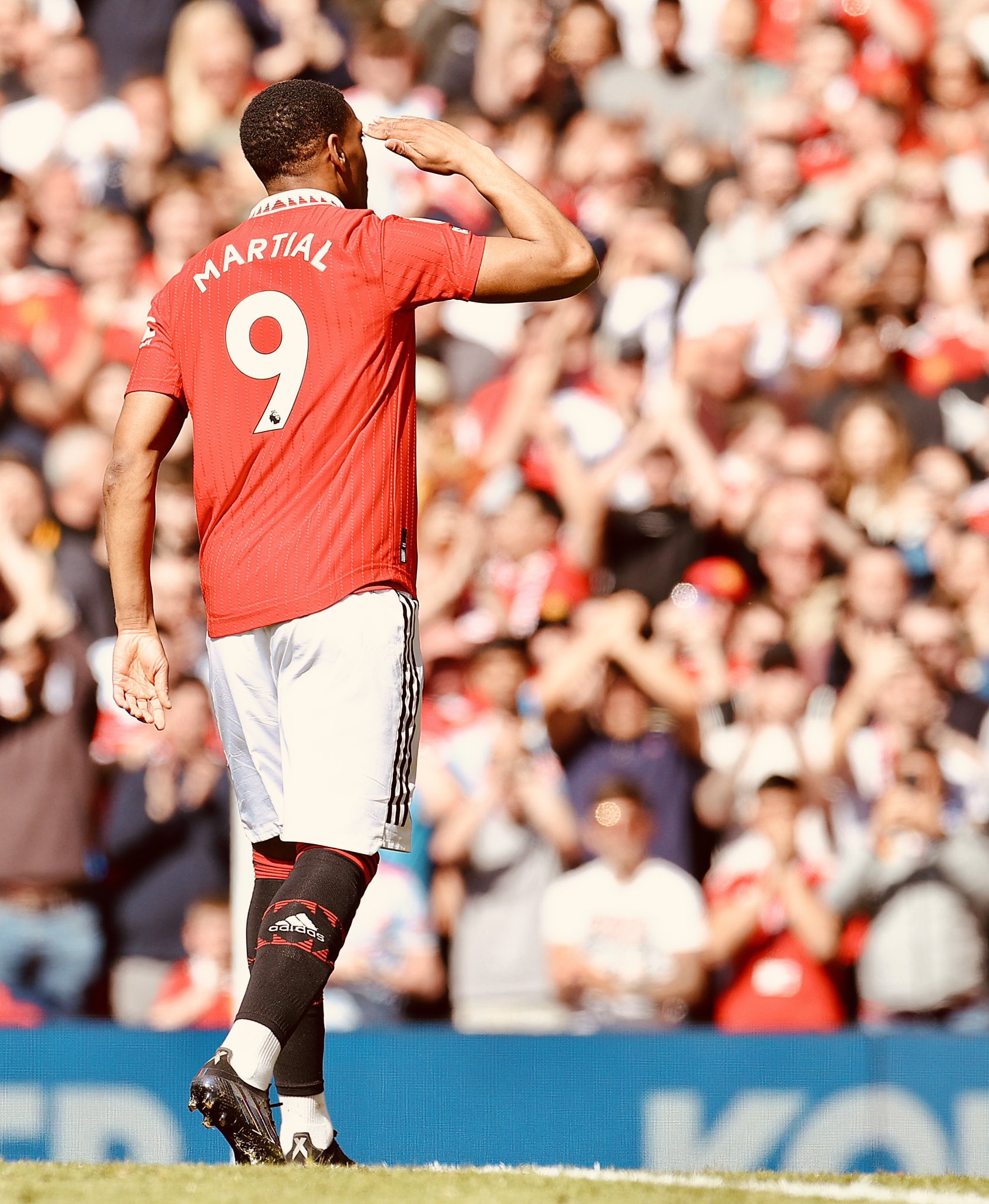 Anthony Martial salutes the crowd after doubling our lead v Everton.