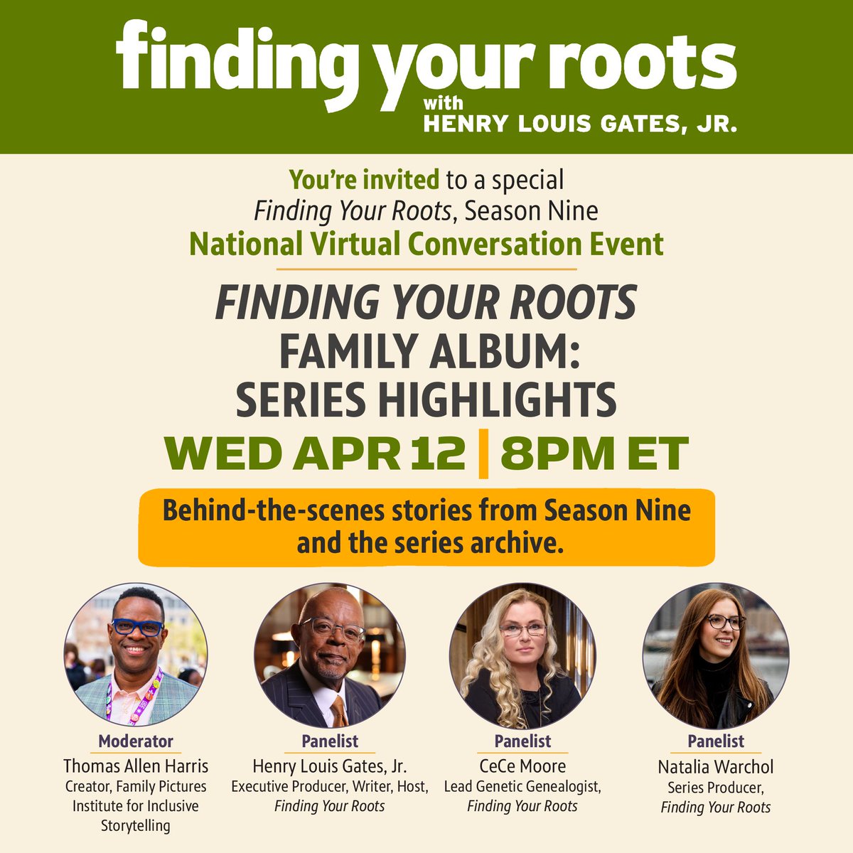 Henry Louis Gates Jr (@henrylouisgates) on Twitter photo #FindingYourRoots takes teamwork. Join me for a behind-the-scenes conversation with #FindingYourRoots Lead Genetic Genealogist <a href="/CeCeLMoore/">CeCe Moore</a>, and Series Producer Natalia Warchol as we chat with <a href="/ThomasAHarris/">Thomas Allen Harris</a> about the show!
Register to attend: eventbrite.com/e/553813108917 #FindingYourRoots takes teamwork. Join me for a behind-the-scenes conversation with #FindingYourRoots Lead Genetic Genealogist <a href="/CeCeLMoore/">CeCe Moore</a>, and Series Producer Natalia Warchol as we chat with <a href="/ThomasAHarris/">Thomas Allen Harris</a> about the show!
Register to attend: eventbrite.com/e/553813108917