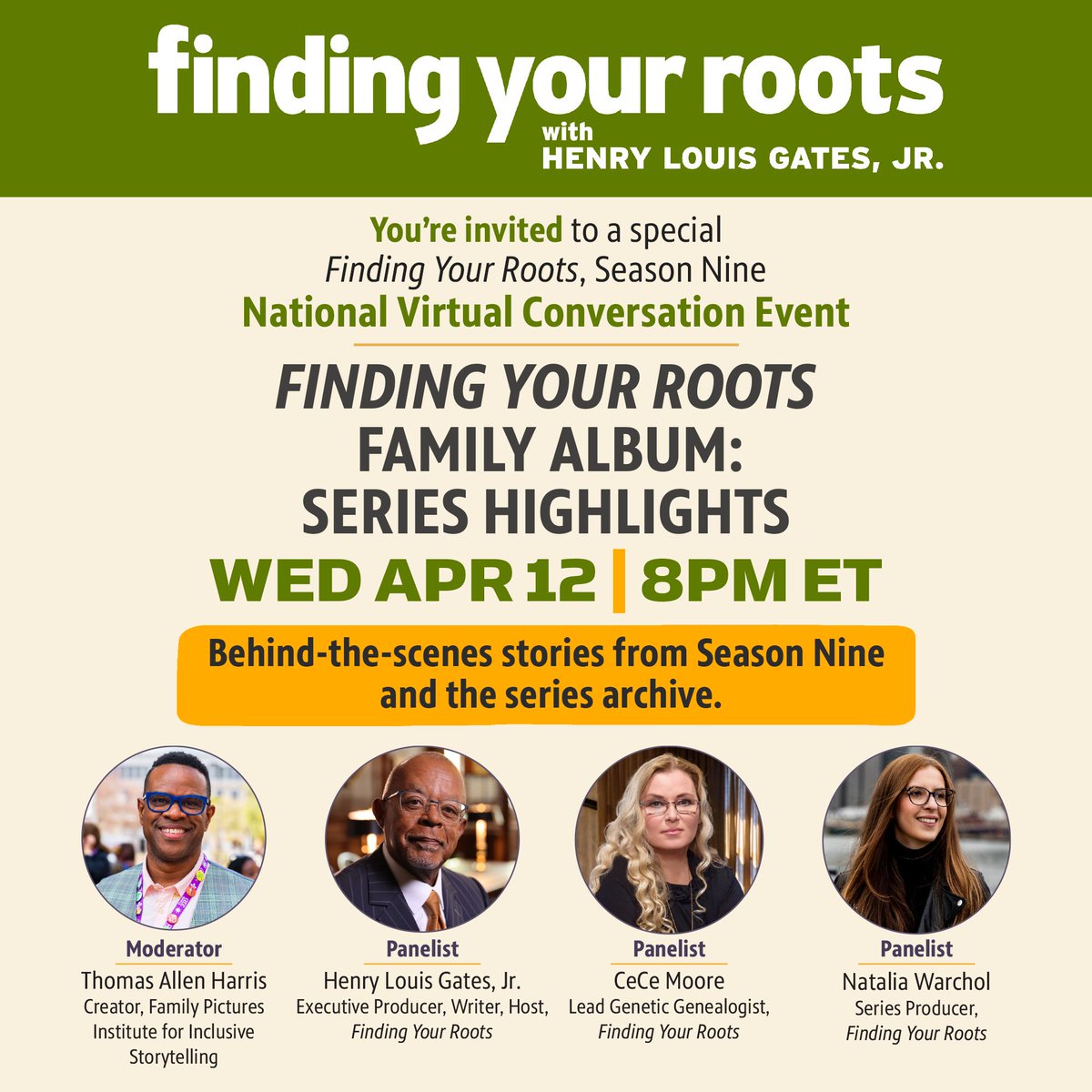 #FindingYourRoots takes teamwork. Join me for a behind-the-scenes conversation with #FindingYourRoots Lead Genetic Genealogist @CeCeLMoore, and Series Producer Natalia Warchol as we chat with @ThomasAHarris about the show! Register to attend: eventbrite.com/e/553813108917