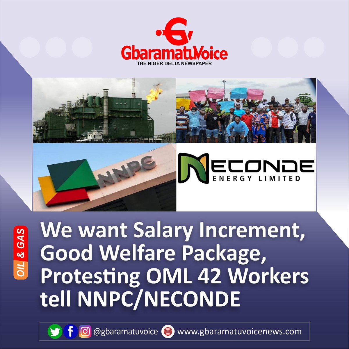 gbaramatuvoice's tweet photo. Workers halt crude oil production in OML 42 over unfair treatment in Niger Delta 

READ MORE AT:
https://t.co/rm41oYAdAB https://t.co/A7evUZd5A3