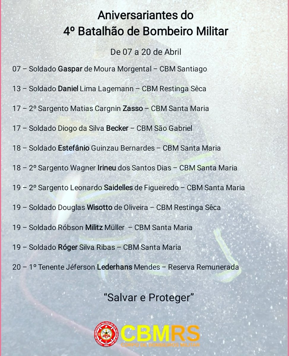 4bbmcbmrs's tweet photo. O 4ºBBM tem a honra de parabenizar todas as pessoas que estão completando mais um ano de vida nos dias compreendidos entre 07 a 20 de abril de 2023.
Os Oficiais e Praças que pertencem ao 4ºBBM desejam a todos muitas felicidades e sucesso! https://t.co/Kt10fIyf4y