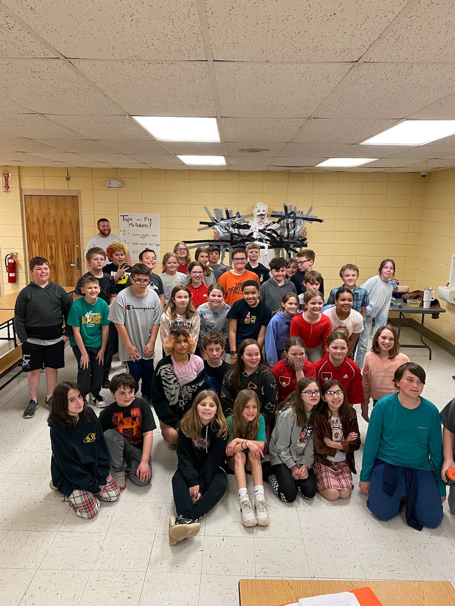 GarrettDukette's tweet photo. I had a blast getting taped to the wall and pied by my students to raise money for our PBIS program. #HappyStudentsHealthyClimate https://t.co/aZUUjSNcCX