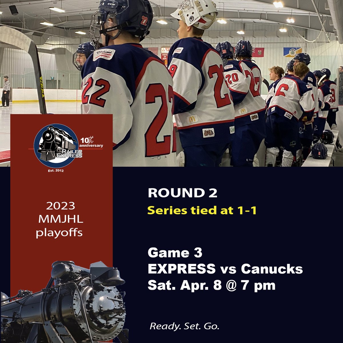 RailerExpress's tweet photo. All aboard for Game 3!

⏰ 7 pm
📍 Ab McDonald Arena

#GoExpressGo | #MMJHLPlayoffs https://t.co/fhbqvLqMd7