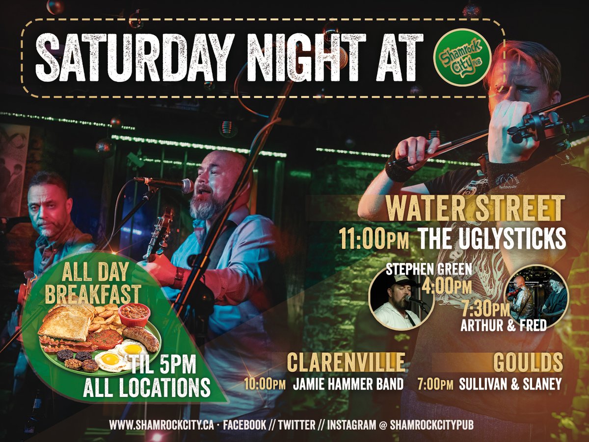 ☘ On stage tonight at Shamrock City Pubs! ☘

Water Street: Stephen Green 4pm, Arthur &amp; Fred of The Navigators 730pm, The Uglysticks 11pm.
Goulds: Sullivan &amp; Slaney 7pm
Clarenville: Jamie Hammer Band 10pm

<a href="/DowntownStJohns/">Downtown St. John's</a> <a href="/NLLiveEvents/">NL Live Events</a> #livemusic #alldaybreakfast