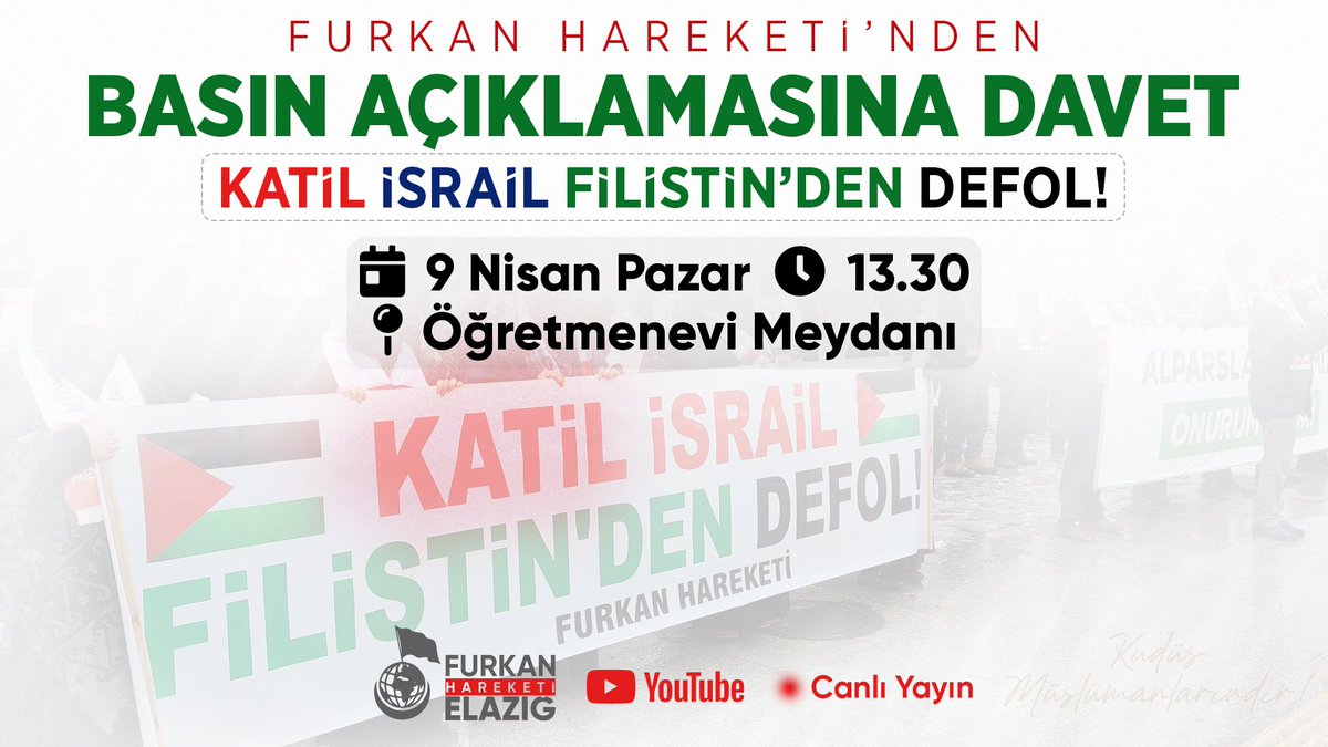 Furkan Hareketi'nden Basın Açıklamasına Davet!

Tarih: 9 Nisan Pazar
Saat: 13.30
Yer: Öğretmenevi Meydanı

#Filistin
#Gazze
#israilkatliamyapıyor